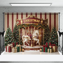 Aperturee - Aperturee Festive Christmas Carousel Horse Holiday Backdrop Elegant Snow Dusted Trees and Plaid Gift Boxes