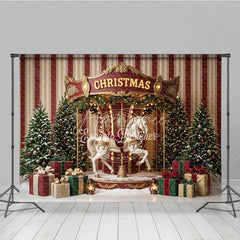 Aperturee - Aperturee Festive Christmas Carousel Horse Holiday Backdrop Elegant Snow Dusted Trees and Plaid Gift Boxes
