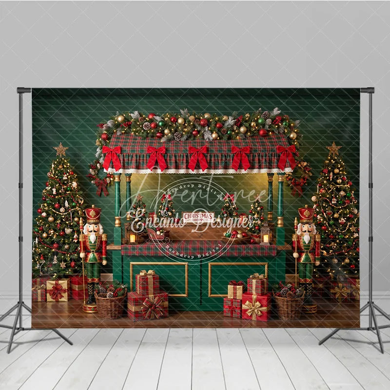 Aperturee - Aperturee Festive Christmas Market Stall Holiday Backdrop with Plaid Canopy Decorated Trees and Wrapped Gifts