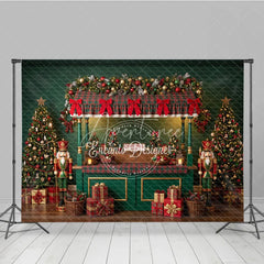 Aperturee - Aperturee Festive Christmas Market Stall Holiday Backdrop with Plaid Canopy Decorated Trees and Wrapped Gifts