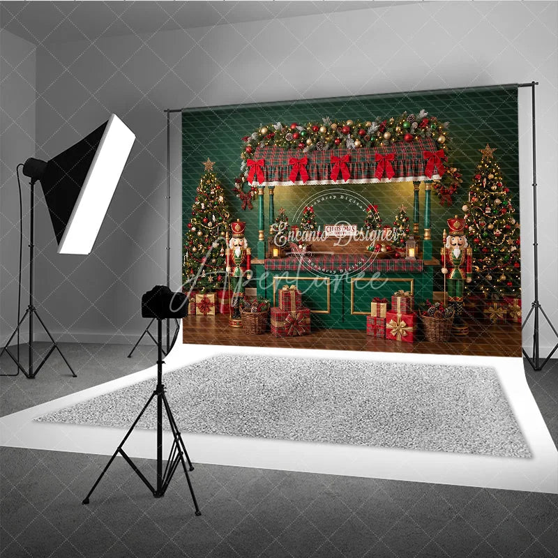 Aperturee - Aperturee Festive Christmas Market Stall Holiday Backdrop with Plaid Canopy Decorated Trees and Wrapped Gifts