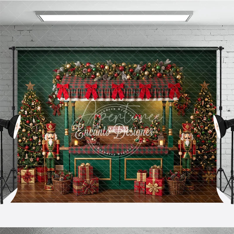 Aperturee - Aperturee Festive Christmas Market Stall Holiday Backdrop with Plaid Canopy Decorated Trees and Wrapped Gifts