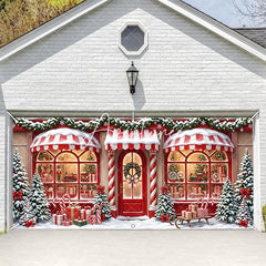 Aperturee - Aperturee Festive Christmas Storefront Garage Door Banner Snowy Holiday Toy Shop with Gifts and Nutcracker Train Decor