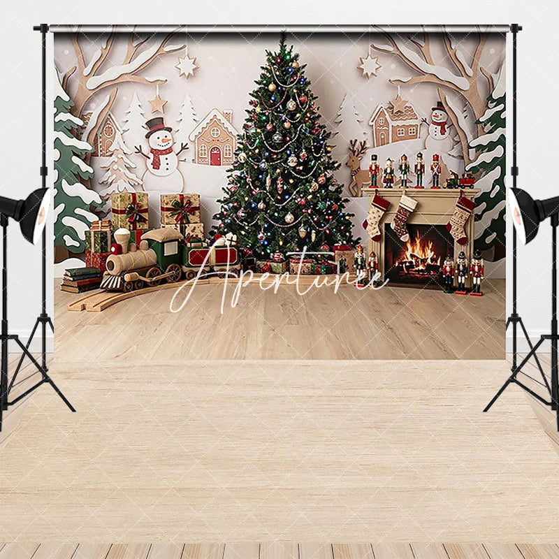 Aperturee - Aperturee Festive Christmas Tree and Fireplace Combo Set Backdrop with Gifts Toy Train and Snowmen for Holiday Party Photography