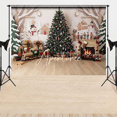 Aperturee - Aperturee Festive Christmas Tree and Fireplace Combo Set Backdrop with Gifts Toy Train and Snowmen for Holiday Party Photography