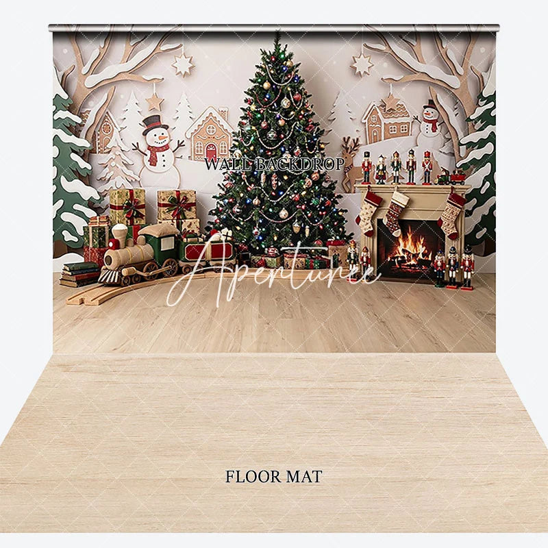 Aperturee - Aperturee Festive Christmas Tree and Fireplace Combo Set Backdrop with Gifts Toy Train and Snowmen for Holiday Party Photography