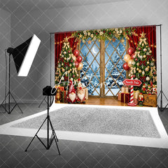 Aperturee - Aperturee Festive Christmas Tree and Snowy Window Holiday Backdrop Winter Wonderland Decor with Gnomes and North Pole Sign