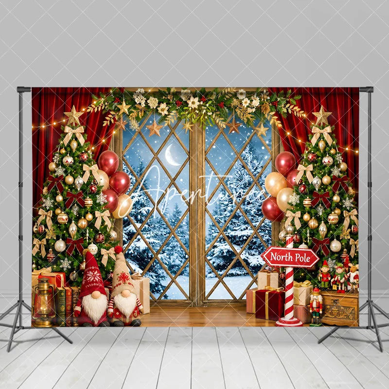 Aperturee - Aperturee Festive Christmas Tree and Snowy Window Holiday Backdrop Winter Wonderland Decor with Gnomes and North Pole Sign