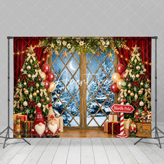 Aperturee - Aperturee Festive Christmas Tree and Snowy Window Holiday Backdrop Winter Wonderland Decor with Gnomes and North Pole Sign