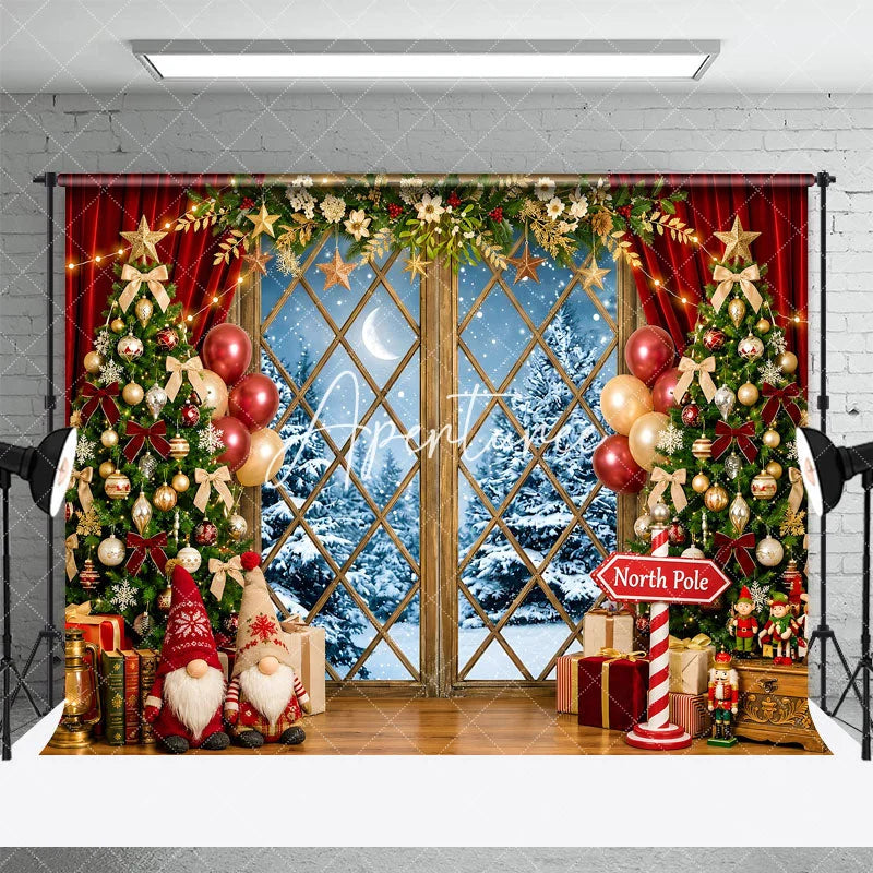 Aperturee - Aperturee Festive Christmas Tree and Snowy Window Holiday Backdrop Winter Wonderland Decor with Gnomes and North Pole Sign