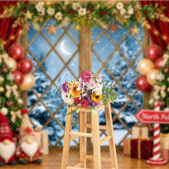 Aperturee - Aperturee Festive Christmas Tree and Snowy Window Holiday Backdrop Winter Wonderland Decor with Gnomes and North Pole Sign