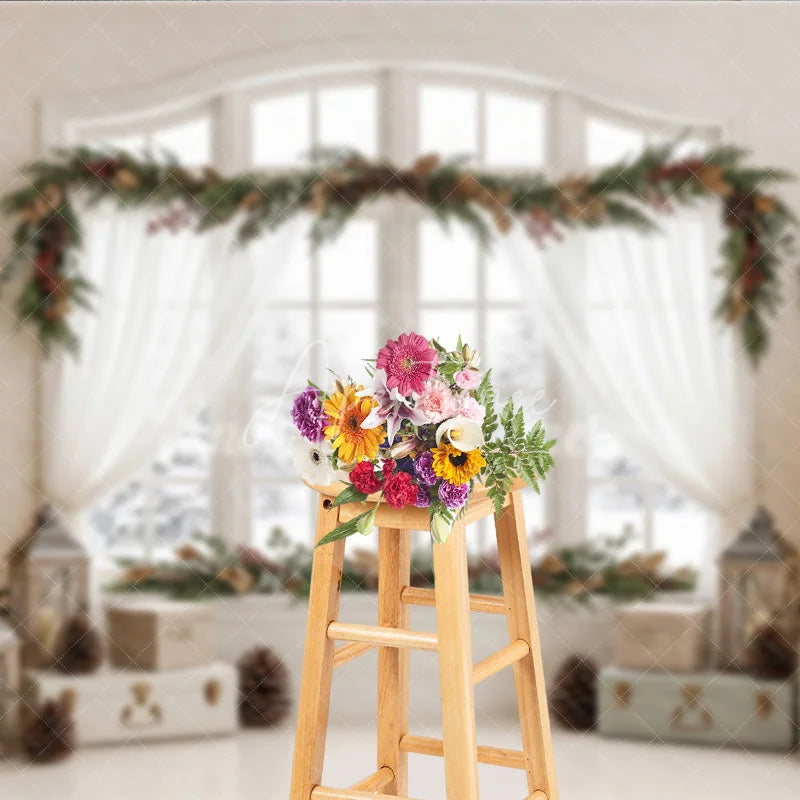 Aperturee - Aperturee Festive Christmas Trees and Garland Holiday Backdrop Elegant Winter Window Scene with Pinecones and Berries