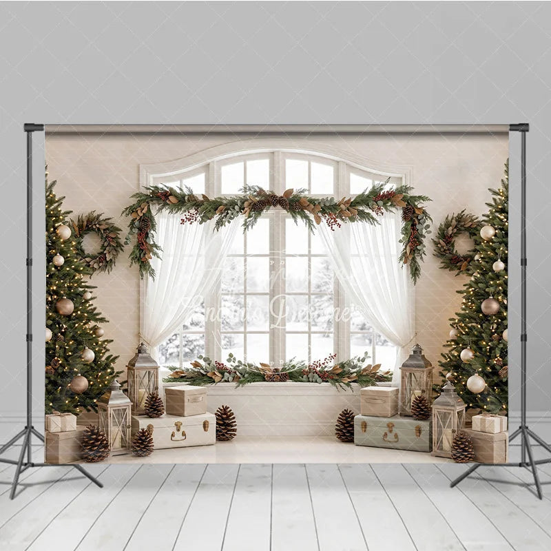 Aperturee - Aperturee Festive Christmas Trees and Garland Holiday Backdrop Elegant Winter Window Scene with Pinecones and Berries