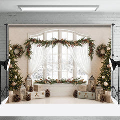 Aperturee - Aperturee Festive Christmas Trees and Garland Holiday Backdrop Elegant Winter Window Scene with Pinecones and Berries