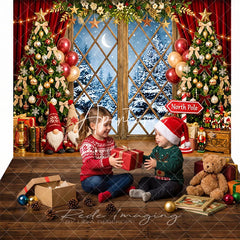 Aperturee - Aperturee Festive Christmas Trees and Snowy Window Combo Set Backdrop with Gnomes Gifts and Balloons for Holiday Decor