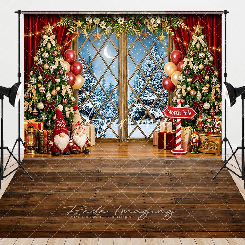 Aperturee - Aperturee Festive Christmas Trees and Snowy Window Combo Set Backdrop with Gnomes Gifts and Balloons for Holiday Decor