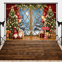 Aperturee - Aperturee Festive Christmas Trees and Snowy Window Combo Set Backdrop with Gnomes Gifts and Balloons for Holiday Decor
