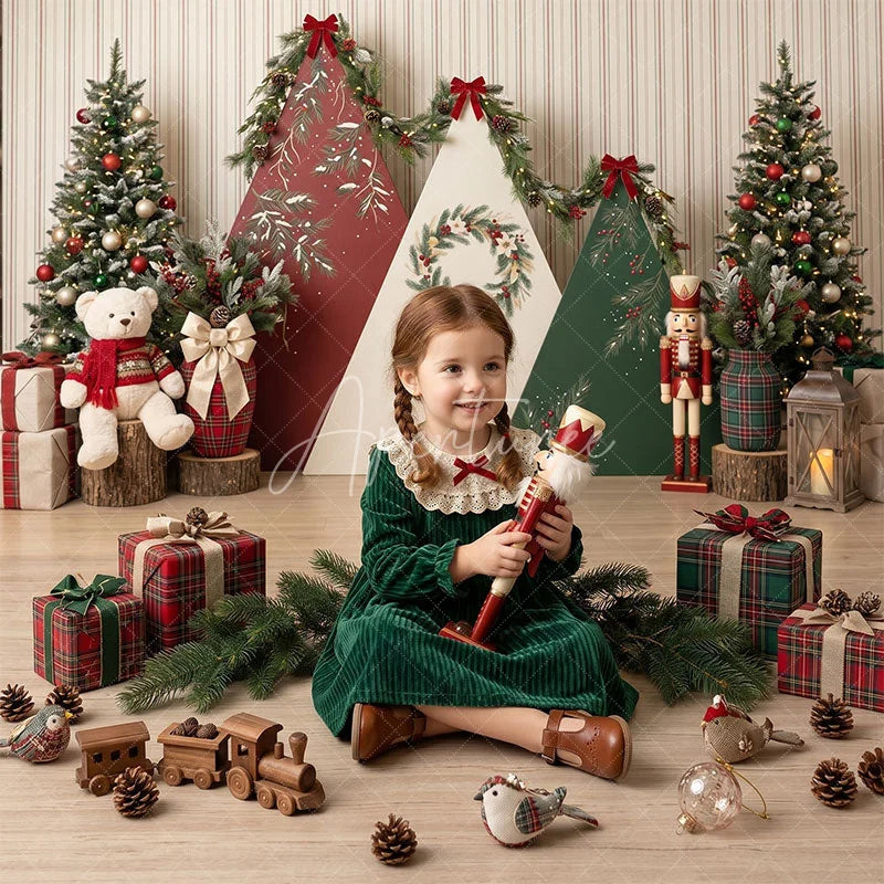 Aperturee - Aperturee Festive Christmas Trees and Triangular Panels Combo Set Backdrop with Teddy Bear and Nutcracker Holiday Decor