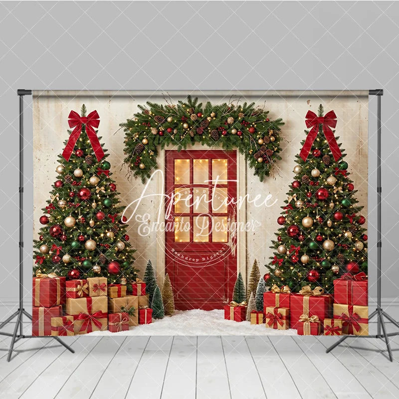 Aperturee - Aperturee Festive Christmas Trees Red Door Holiday Backdrop with Garland and Gifts Snowy Winter Celebration Decor