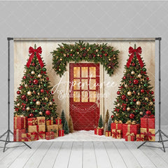 Aperturee - Aperturee Festive Christmas Trees Red Door Holiday Backdrop with Garland and Gifts Snowy Winter Celebration Decor