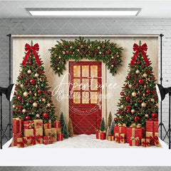 Aperturee - Aperturee Festive Christmas Trees Red Door Holiday Backdrop with Garland and Gifts Snowy Winter Celebration Decor