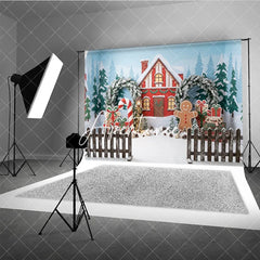 Aperturee - Aperturee Festive Christmas Winter Village Red House Photography Backdrop Gingerbread Man Candy Cane and Gift Decor
