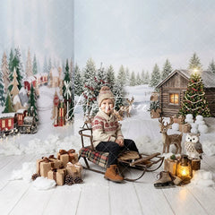 Aperturee - Aperturee Festive Christmas Winter Wonderland Room Set Backdrop Cozy Snowy Pine Trees Rustic Cabin and Train Scene Decor