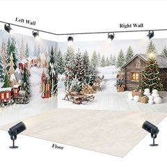 Aperturee - Aperturee Festive Christmas Winter Wonderland Room Set Backdrop Cozy Snowy Pine Trees Rustic Cabin and Train Scene Decor