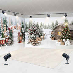 Aperturee - Aperturee Festive Christmas Winter Wonderland Room Set Backdrop Cozy Snowy Pine Trees Rustic Cabin and Train Scene Decor