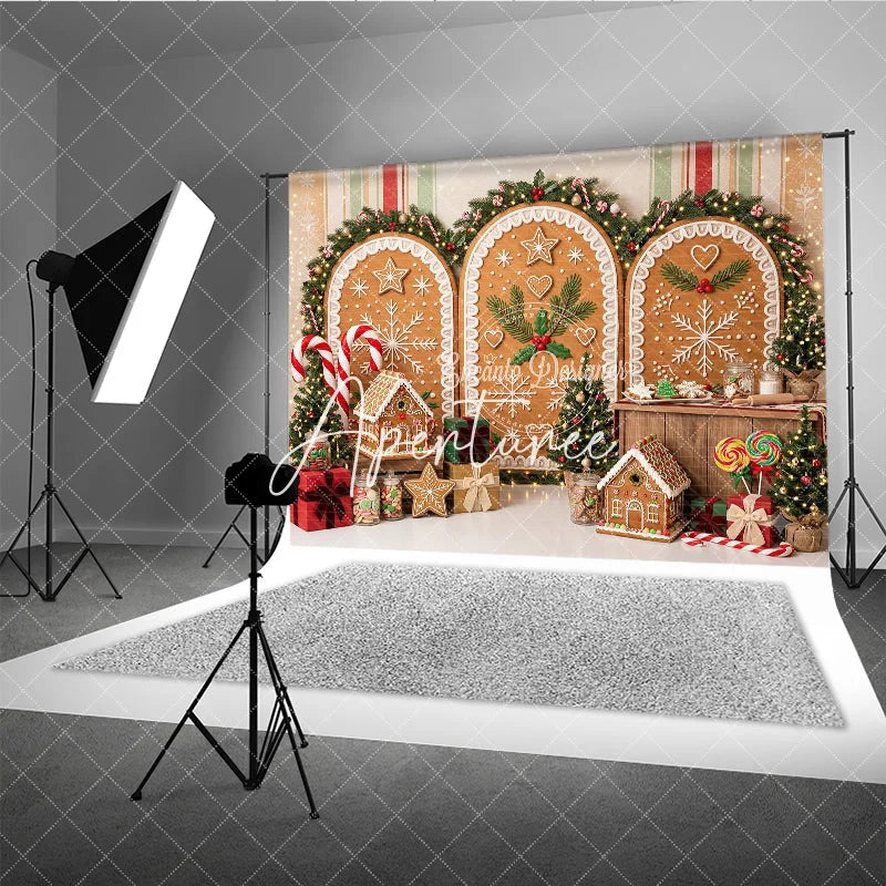 Aperturee - Aperturee Festive Gingerbread Christmas Holiday Backdrop featuring Snowflakes Candy Canes and Sweet Decorations.