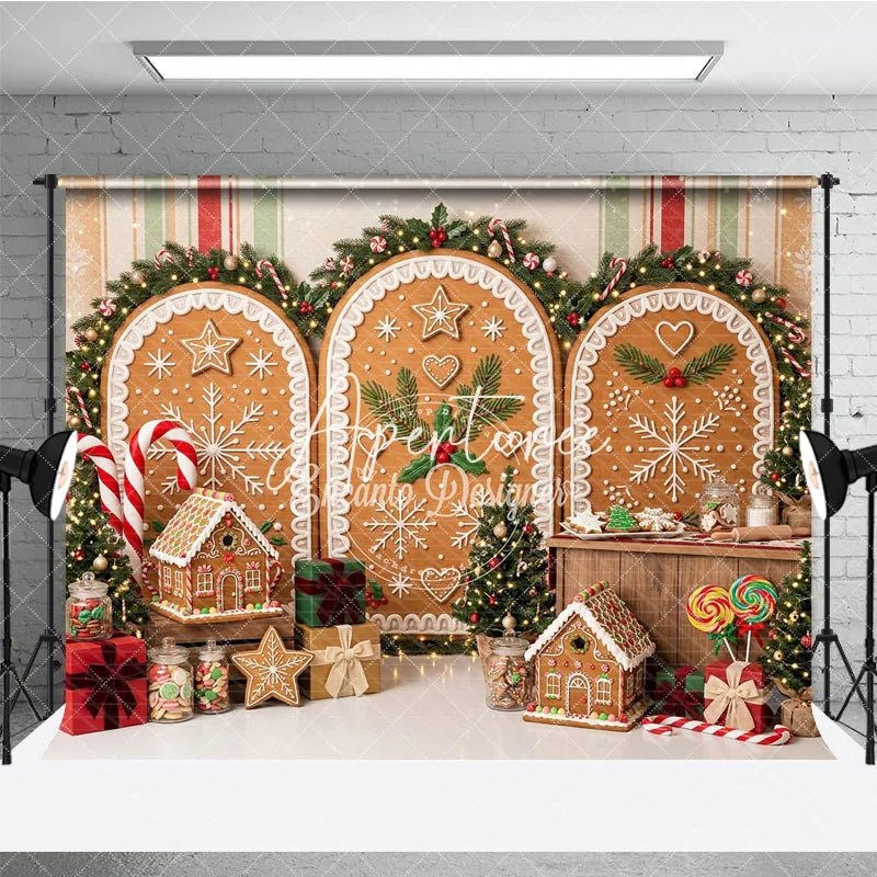 Aperturee - Aperturee Festive Gingerbread Christmas Holiday Backdrop featuring Snowflakes Candy Canes and Sweet Decorations.