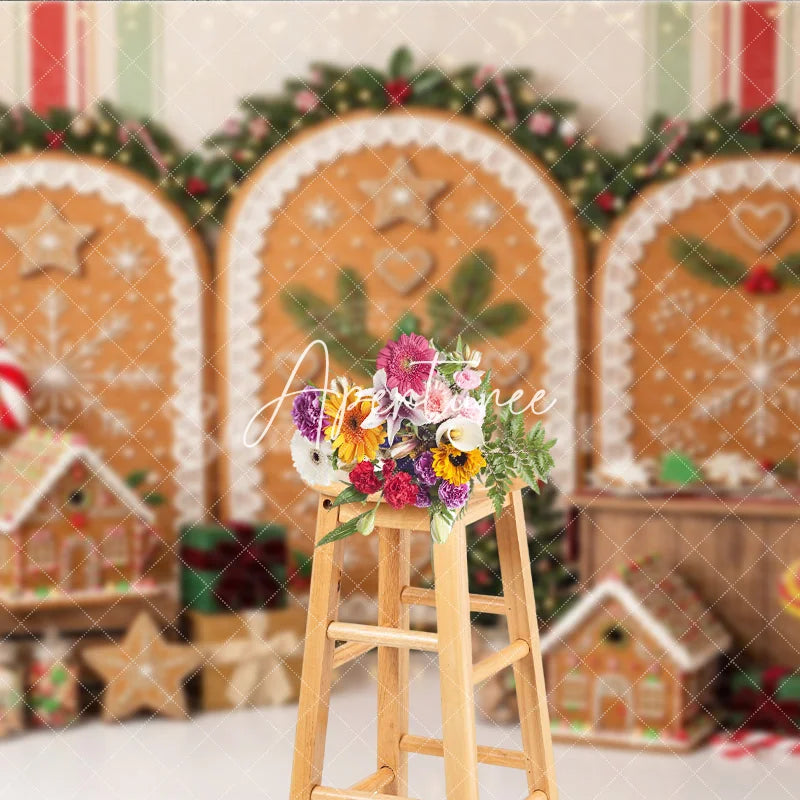 Aperturee - Aperturee Festive Gingerbread Christmas Holiday Backdrop featuring Snowflakes Candy Canes and Sweet Decorations.