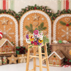 Aperturee - Aperturee Festive Gingerbread Christmas Holiday Backdrop featuring Snowflakes Candy Canes and Sweet Decorations.
