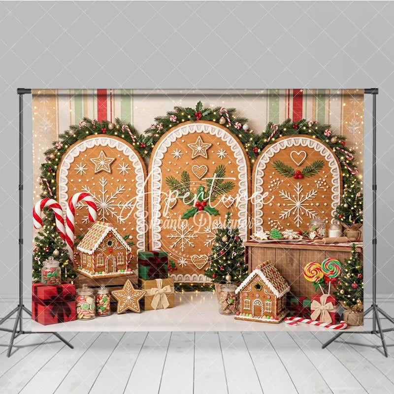 Aperturee - Aperturee Festive Gingerbread Christmas Holiday Backdrop featuring Snowflakes Candy Canes and Sweet Decorations.