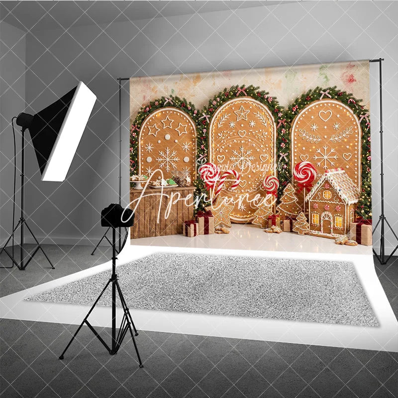 Aperturee - Aperturee Festive Gingerbread House and Snowflake Holiday Backdrop Christmas Garlands and Sweet Candy Decor