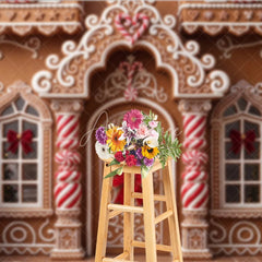 Aperturee - Aperturee Festive Gingerbread House Christmas Holiday Backdrop with White Icing Candy Canes and Decorated Trees
