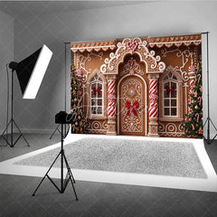 Aperturee - Aperturee Festive Gingerbread House Christmas Holiday Backdrop with White Icing Candy Canes and Decorated Trees