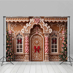 Aperturee - Aperturee Festive Gingerbread House Christmas Holiday Backdrop with White Icing Candy Canes and Decorated Trees
