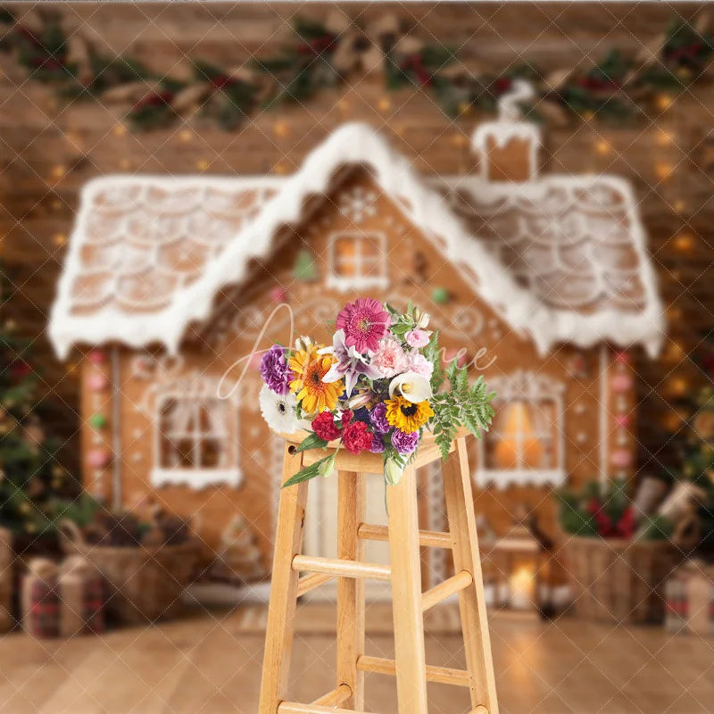 Aperturee - Aperturee Festive Gingerbread House Holiday Backdrop Decorated Christmas Trees with Rustic Wood Wall and Gifts