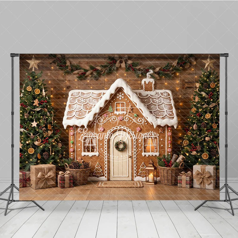 Aperturee - Aperturee Festive Gingerbread House Holiday Backdrop Decorated Christmas Trees with Rustic Wood Wall and Gifts