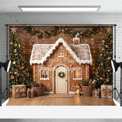Aperturee - Aperturee Festive Gingerbread House Holiday Backdrop Decorated Christmas Trees with Rustic Wood Wall and Gifts