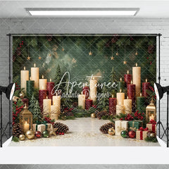 Aperturee - Aperturee Festive Green and Red Christmas Holiday Backdrop featuring Lit Candles Pine Branches Golden Stars and Gift Boxes