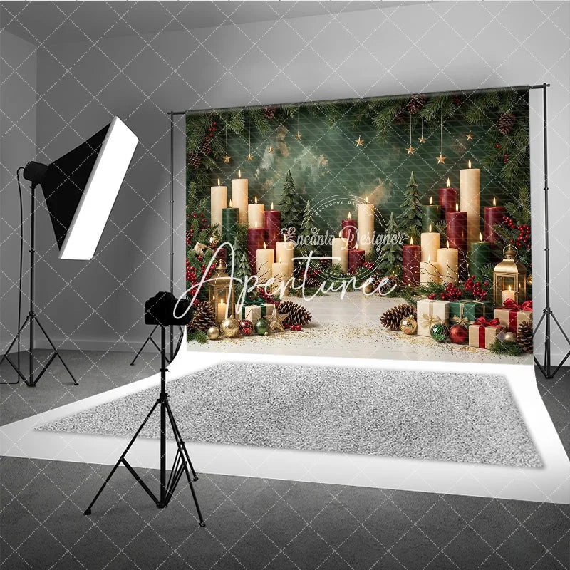 Aperturee - Aperturee Festive Green and Red Christmas Holiday Backdrop featuring Lit Candles Pine Branches Golden Stars and Gift Boxes