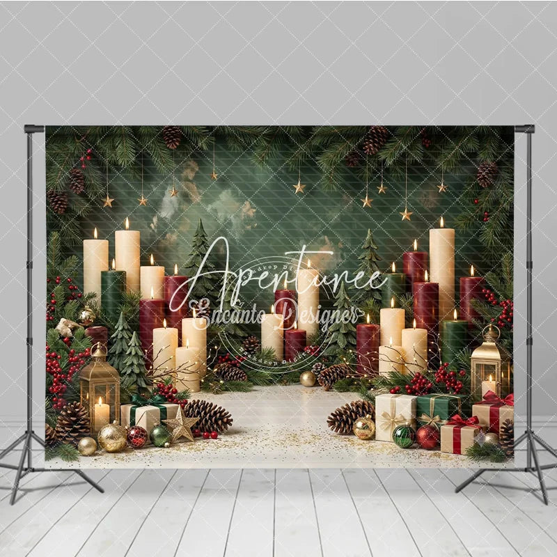Aperturee - Aperturee Festive Green and Red Christmas Holiday Backdrop featuring Lit Candles Pine Branches Golden Stars and Gift Boxes