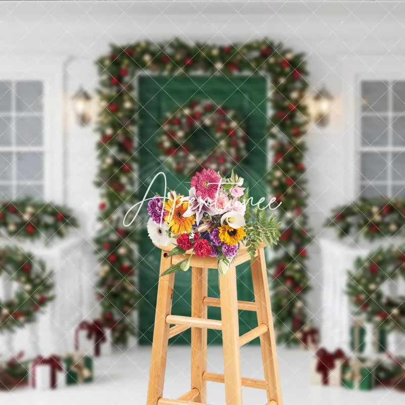 Aperturee - Aperturee Festive Green Door Christmas Holiday Backdrop with White Porch Elegant Garlands and Wreaths Decor