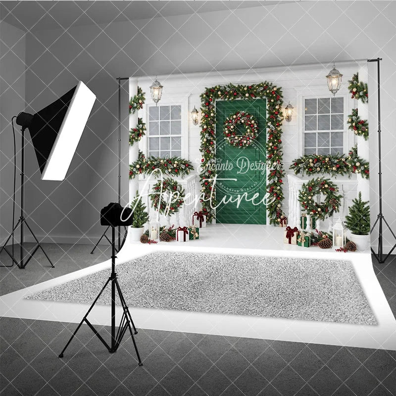 Aperturee - Aperturee Festive Green Door Christmas Holiday Backdrop with White Porch Elegant Garlands and Wreaths Decor