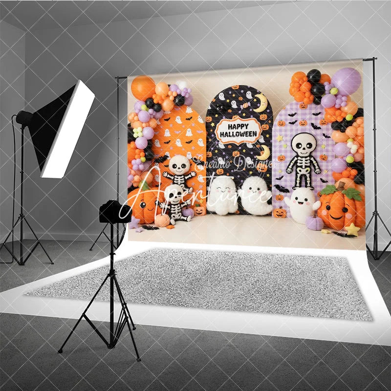 Aperturee - Aperturee Festive Halloween Arched Photography Backdrop with Cute Ghosts Skeletons and Pumpkins Orange and Purple Balloons