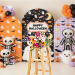 Aperturee - Aperturee Festive Halloween Arched Photography Backdrop with Cute Ghosts Skeletons and Pumpkins Orange and Purple Balloons