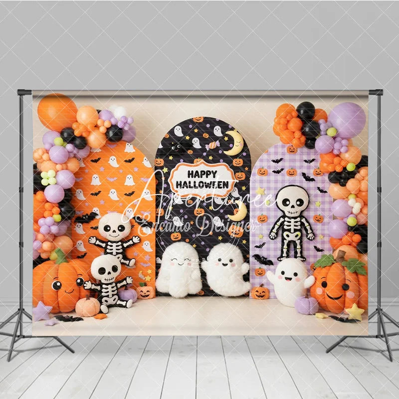 Aperturee - Aperturee Festive Halloween Arched Photography Backdrop with Cute Ghosts Skeletons and Pumpkins Orange and Purple Balloons