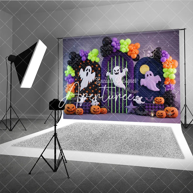 Aperturee - Aperturee Festive Halloween Photography Backdrop featuring Spooky Ghosts Jack-o’-Lanterns and Colorful Balloon Arches